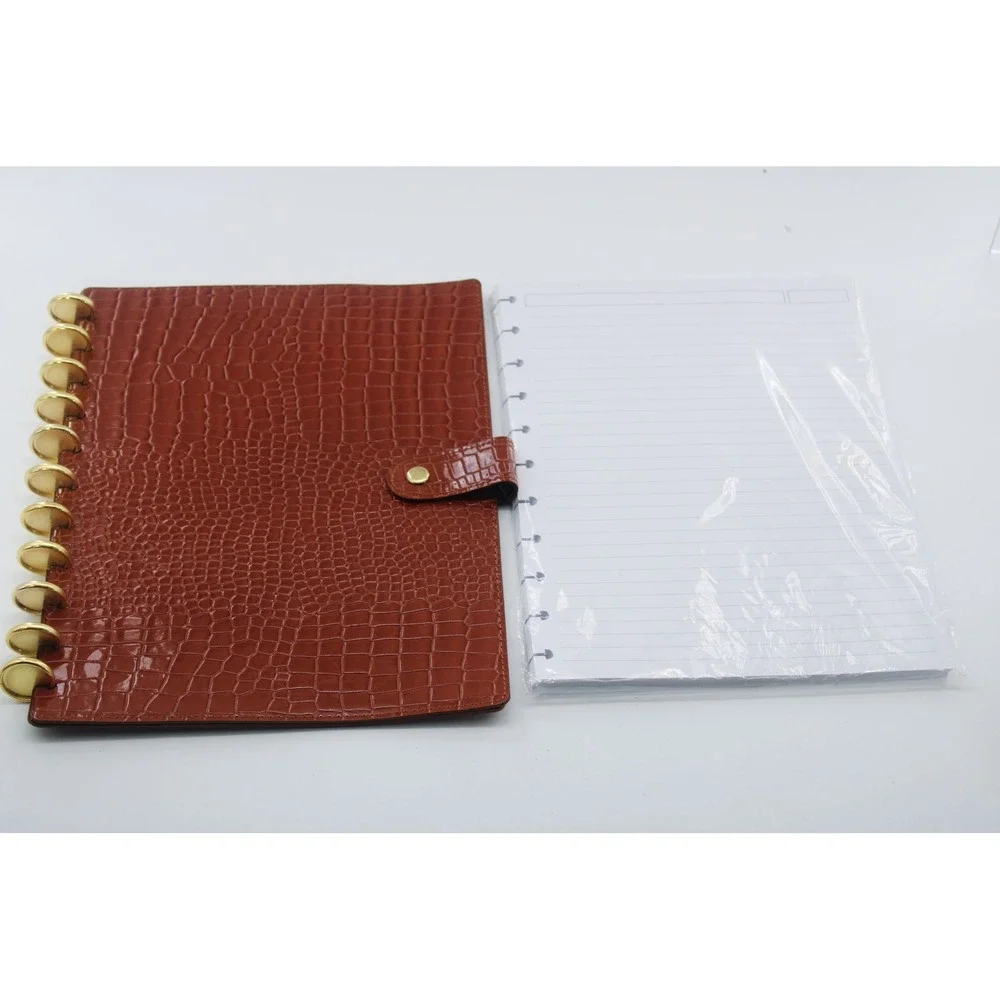 Cognac Croc Embossed Discbound Planner Cover Gold Discs with Lined Refill Paper